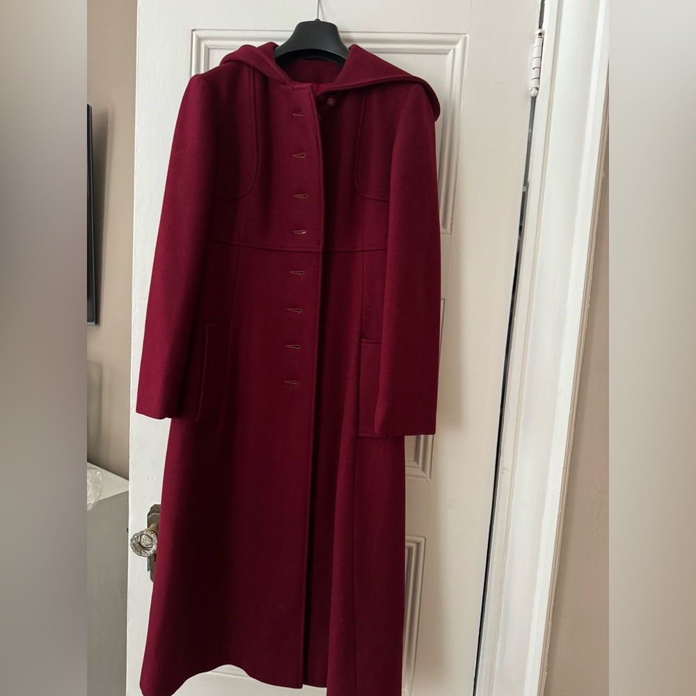 VINTAGE BURGUNDY WOOL MILITARY COAT WITH HOOD SZ XS *RARE* HEAVY*